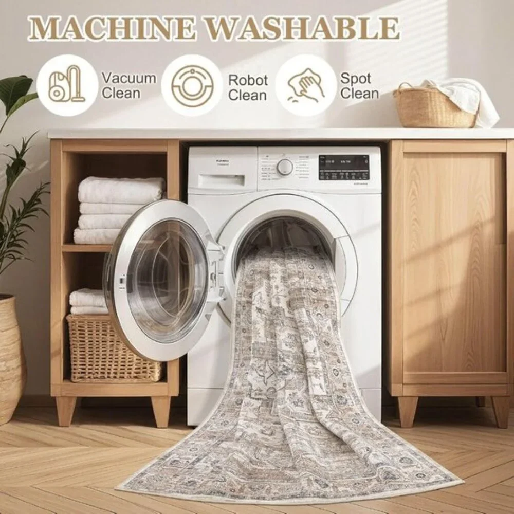 New 5x7 Washable Vintage Rug, Tea Brown Non-Slip Low Pile Carpet for Home Décor